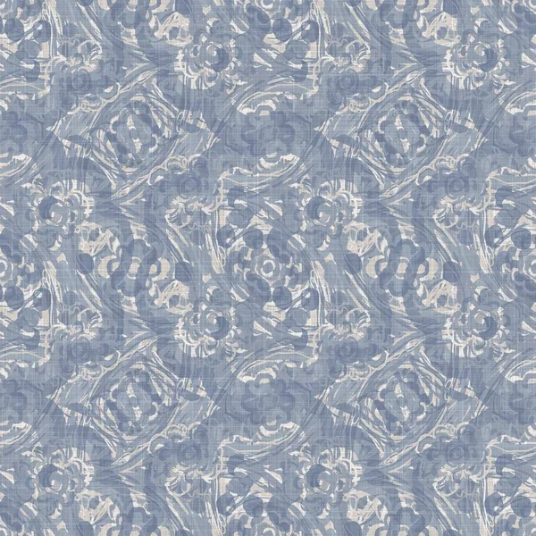 Seamless Perancis pertanian damask pola linen. Menyediakan tekstur tenunan biru putih. Latar belakang kain dekoratif gaya lusuh. Tekstil berkarat di seluruh cetakan — Stok Foto