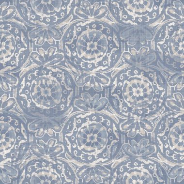 Kusursuz Fransız çiftlik evi, noktalı keten desenli. Provence mavi beyaz dokuma dokusu. Pejmürde şık stil dekoratif daire kumaş arka plan. Her yerde tekstil kırsalı var.