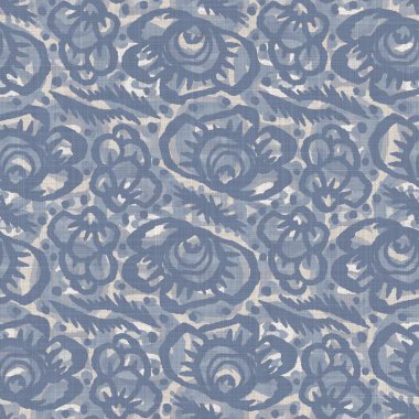 Kusursuz Fransız çiftlik evi ketenleri çiçek desenli kumaş arka planda. Provence mavi gri keten desenli doku. Eski püskü, şık, bulanık bir arka plan. Her yerde tekstil kırsalı var.