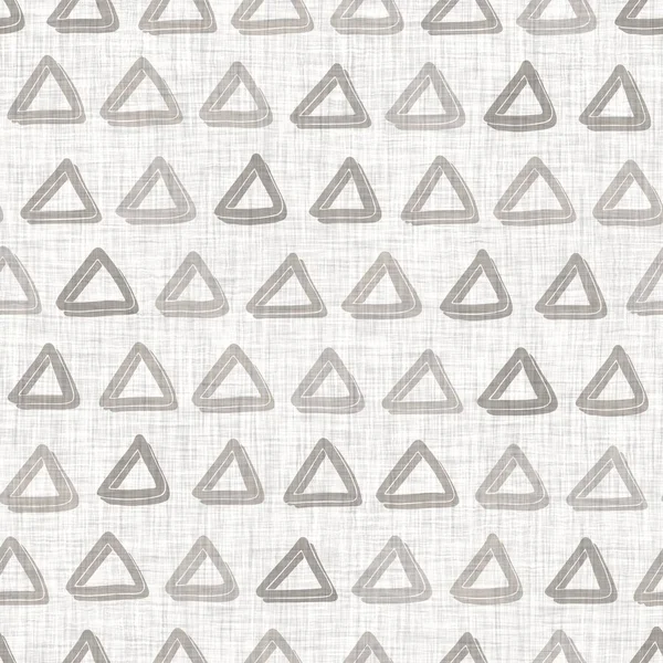 French woven linen texture geometric shape background. Old ecru flax grey geo motif seamless pattern. Rough greige block print cloth textured canvas — Stock Photo, Image