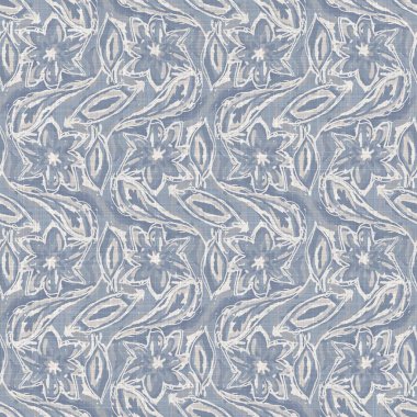 Kusursuz Fransız çiftlik evi ketenleri çiçek desenli kumaş arka planda. Provence mavi gri keten desenli doku. Eski püskü, şık, bulanık bir arka plan. Her yerde tekstil kırsalı var.