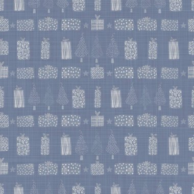 Kusursuz Fransız çiftlik çarşafları kış tatili arka planında basılmış. Provence mavi gri keten desenli doku. Pasaklı şık stil, şenlikli Noel motifli arka plan. Her yerde tekstil kırsalı var.