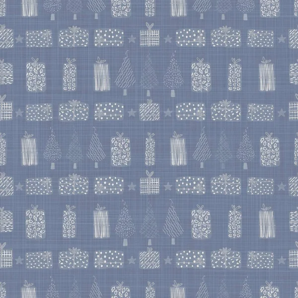 Seamless french farmhouse linen printed winter holiday background. Provence blue gray linen pattern texture. Shabby chic style festive christmas motif background. Textile rustic all over print