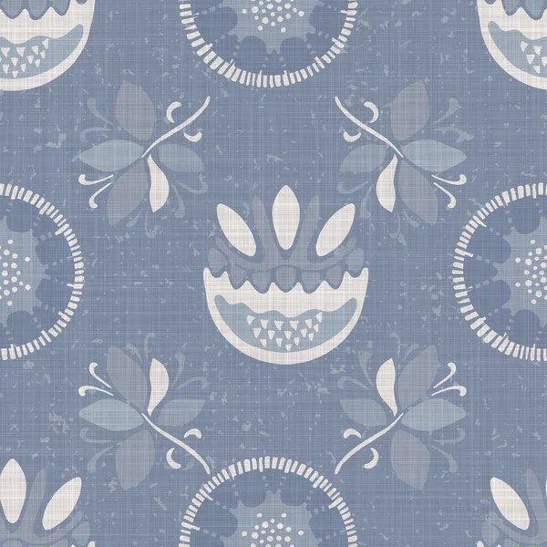 Seamless french farmhouse linen printed floral damask background. Provence blue gray linen pattern texture. Shabby chic style woven blur background. Textile rustic all over print