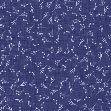 İndigo mavisi çiçek bloğu boyanmış keten desenli arka plan. Kusursuz örülmüş Japonlar batik kumaş örneklerini tekrarlıyorlar. Çiçeksel organik bulanık blok izleri tekstilin her yerinde.