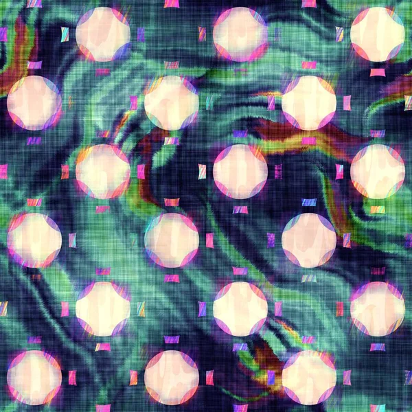 Blurry rainbow glitch artistic dot texture background. Irregular bleeding watercolor tie dye seamless pattern. Ombre distorted boho circle all over print. Variegated trendy dripping wet effect.