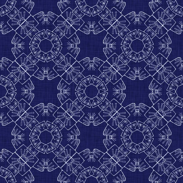 Naadloze indigo damast textuur. Navy blauw geweven sierlijke katoen geverfd effect achtergrond. Japanse herhaal batik weerstandspatroon. Aziatische fusie over textiel vervaging doek print. — Stockfoto