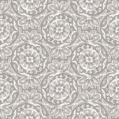 Doğal gri Fransız dokuması keten dokusu arka planı. Eski ecru flax çiçek motifi kusursuz desen. Organik Fransız çiftlik evi tüm baskılar için kumaş dokuyor. Gri çiçek bloğu desenli tuval