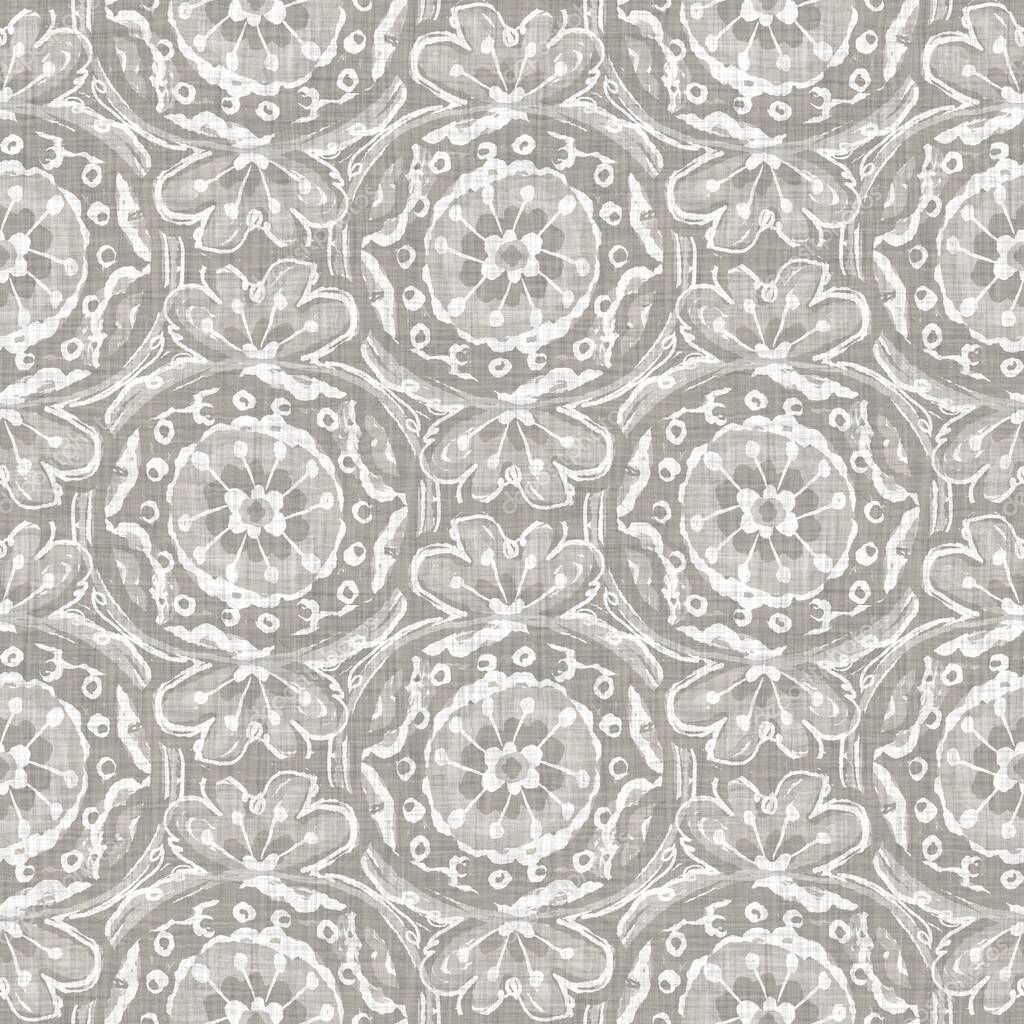 Natural gray french woven linen texture background. Old ecru flax bloom motif seamless pattern. Organic french farmhouse weave fabric for all over print. Greige flower block print textured canvas