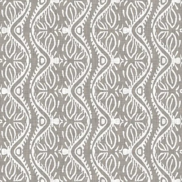 Seamless gray french woven linen floral stripe background. Ecru flax hemp fiber natural pattern. Organic yarn close up weave fabric material. Ecru greige neutral striped flower textile cloth.