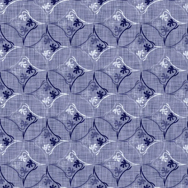 Textura de damasco índigo sin costuras. Azul marino tejido adornado algodón teñido fondo efecto. Batik japonés repetir resistir patrón. Fusión asiática por todo el tejido borroso impresión de tela. —  Fotos de Stock