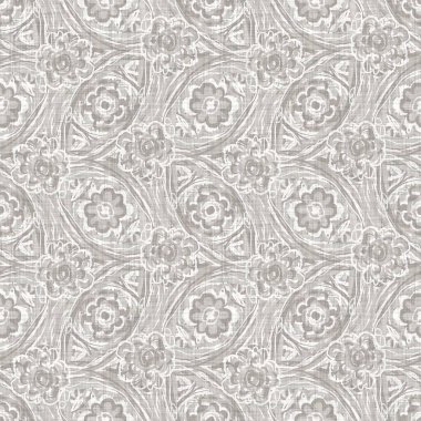 Doğal gri Fransız dokuması keten dokusu arka planı. Eski ecru flax çiçek motifi kusursuz desen. Organik Fransız çiftlik evi tüm baskılar için kumaş dokuyor. Gri çiçek bloğu desenli tuval