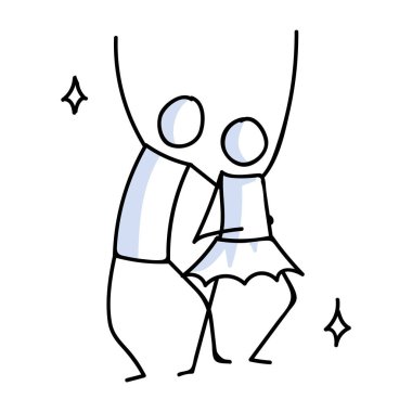 El yapımı stickman 60 'ların disko çifti konsepti. Basit ana hatlı balerin figürü doodle ikon clipart. Dans stüdyosu ya da gece kulübü çizimi için.. 