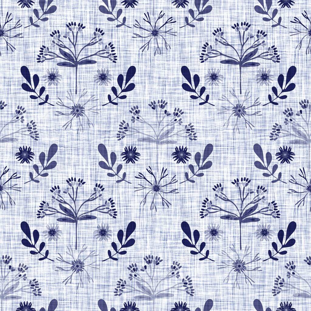 Indigo blue flower block print dyed linen texture background. Seamless woven japanese repeat batik pattern swatch. Floral organic distressed blur block print all over textile.