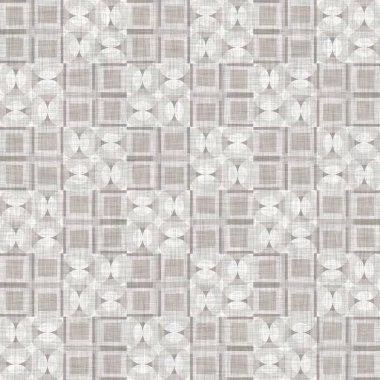 Fransız dokuması keten dokusu geometrik şekil arka planı. Eski ecru flax gri geo motif kusursuz desen. Kaba, gri, blok baskı bezi desenli tuval.