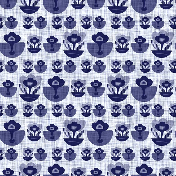 Indigo blue flower block print dyed linen texture background. Seamless woven japanese repeat batik pattern swatch. Floral organic distressed blur block print all over textile. — Stock Photo, Image