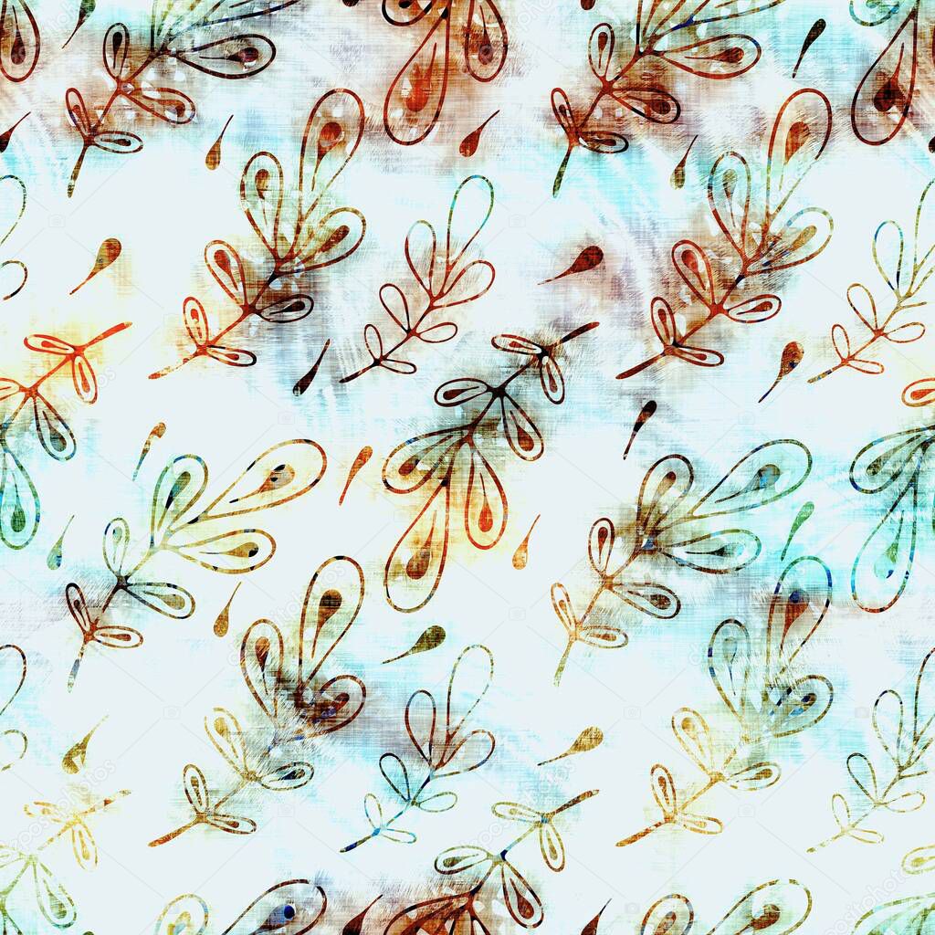 Blurry watercolor glitch creative foliage texture background. Irregular bleeding tie dye seamless pattern. Ombre distorted boho batik all over print. Variegated moody dark leaf wet effect.