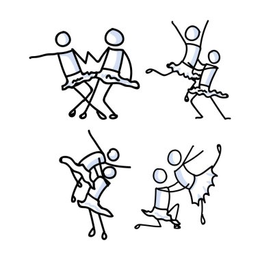 El çizimi lezbiyen kız stickman bale seti konsepti. Basit bir taslak, iki kadın balerin çift karalama ikonu klibi. lgbtq dans stüdyosu veya gururlu tiyatro sanatçısı çizimi için..