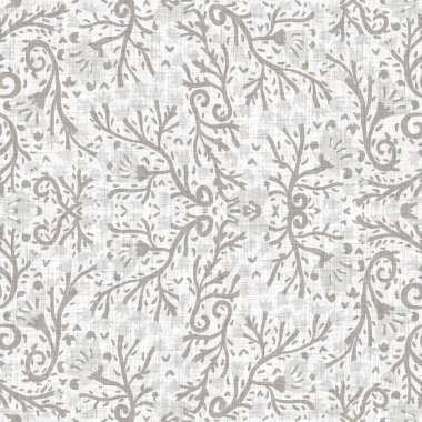 Doğal gri Fransız dokuması keten dokusu arka planı. Eski ecru flax yaprağı şeritsiz desen. Organik Fransız çiftlik evi tüm parmak izleri için kumaş dokuyor.. 