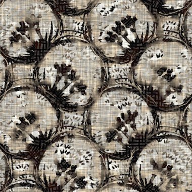 Kusursuz sepia grunge desenli arkaplan. Giyinik çiçek desenli tekstil kumaşı. Hırıltılı, bulanık çarşaflar her yerde. 