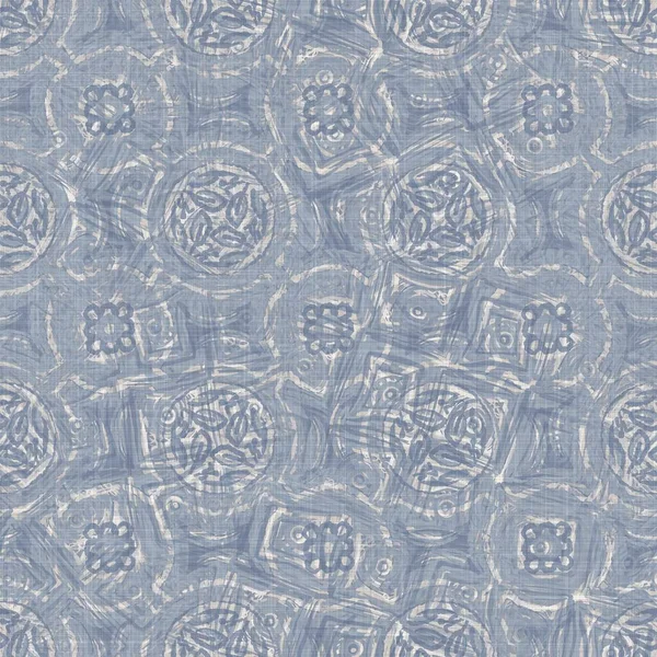 Seamless french farmhouse dotty linen pattern. Provence blue white woven texture. Shabby chic style decorative circle dot fabric background. Textile rustic all over print