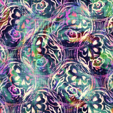 Bulanık gökkuşağı arızası sanatsal nokta dokusu arka planı. Düzensiz kanayan suluboya kravat, dikişsiz boya deseni. Ombre, boho çemberinin her yerini bozmuş. Değişik modaya uygun ıslak etki.