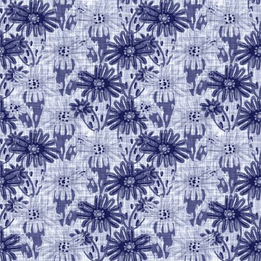 İndigo mavisi çiçek bloğu boyanmış keten desenli arka plan. Kusursuz örülmüş Japonlar batik kumaş örneklerini tekrarlıyorlar. Çiçeksel organik bulanık blok izleri tekstilin her yerinde.