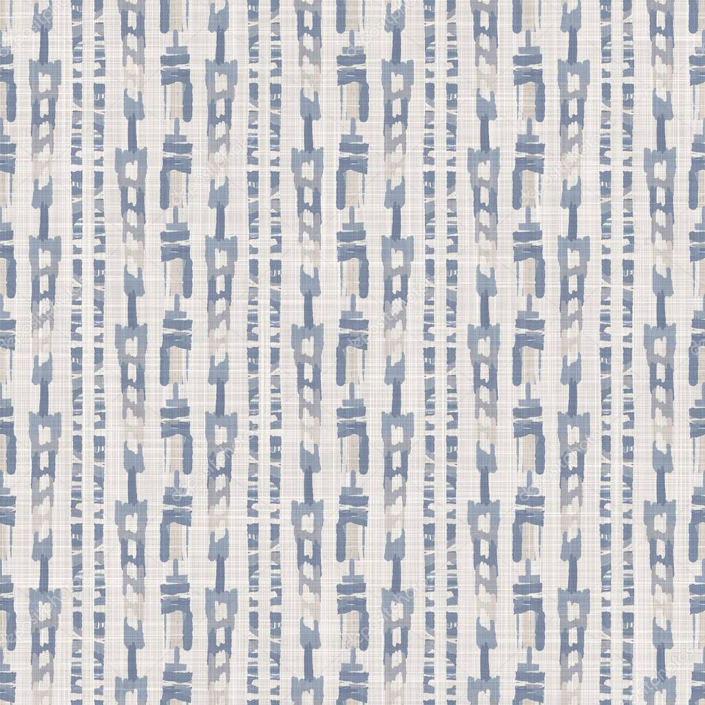 Seamless french farmhouse woven linen stripe texture. Ecru flax blue hemp fiber. Natural pattern background. Organic ticking fabric for kitchen towel material. Pinstripe material allover print