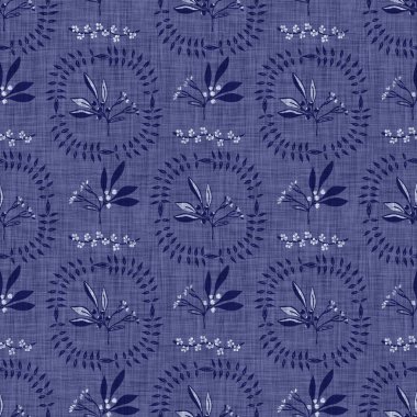 İndigo mavisi çiçek bloğu boyanmış keten desenli arka plan. Kusursuz örülmüş Japonlar batik kumaş örneklerini tekrarlıyorlar. Çiçeksel organik bulanık blok izleri tekstilin her yerinde.