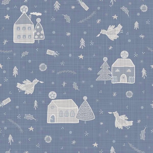 Seamless french farmhouse linen printed winter holiday background. Provence blue gray linen pattern texture. Shabby chic style festive christmas motif background. Textile rustic all over print