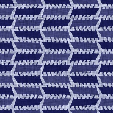 Kusursuz çivit desenli. Mavi örülmüş boro keten pamuk boyalı efekt arka planı. Japonlar batik direncini tekrarlıyor. Tekstil izlerinin her yerinde Asya çizgileri var..