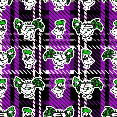 Şirin punk piliç ve ekose arka plan vektör desenli tavuk. Çizgi film hayvanlarıyla süslenmiş tuhaf bir ev dekoru. Her yerde kusursuz rockçı tavrı. 