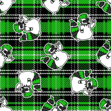 Ekose arka plan vektör desenli sevimli punk rakun. Çizgi film hayvanlarıyla süslenmiş tuhaf bir ev dekoru. Her yerde kusursuz rockçı tavrı. 