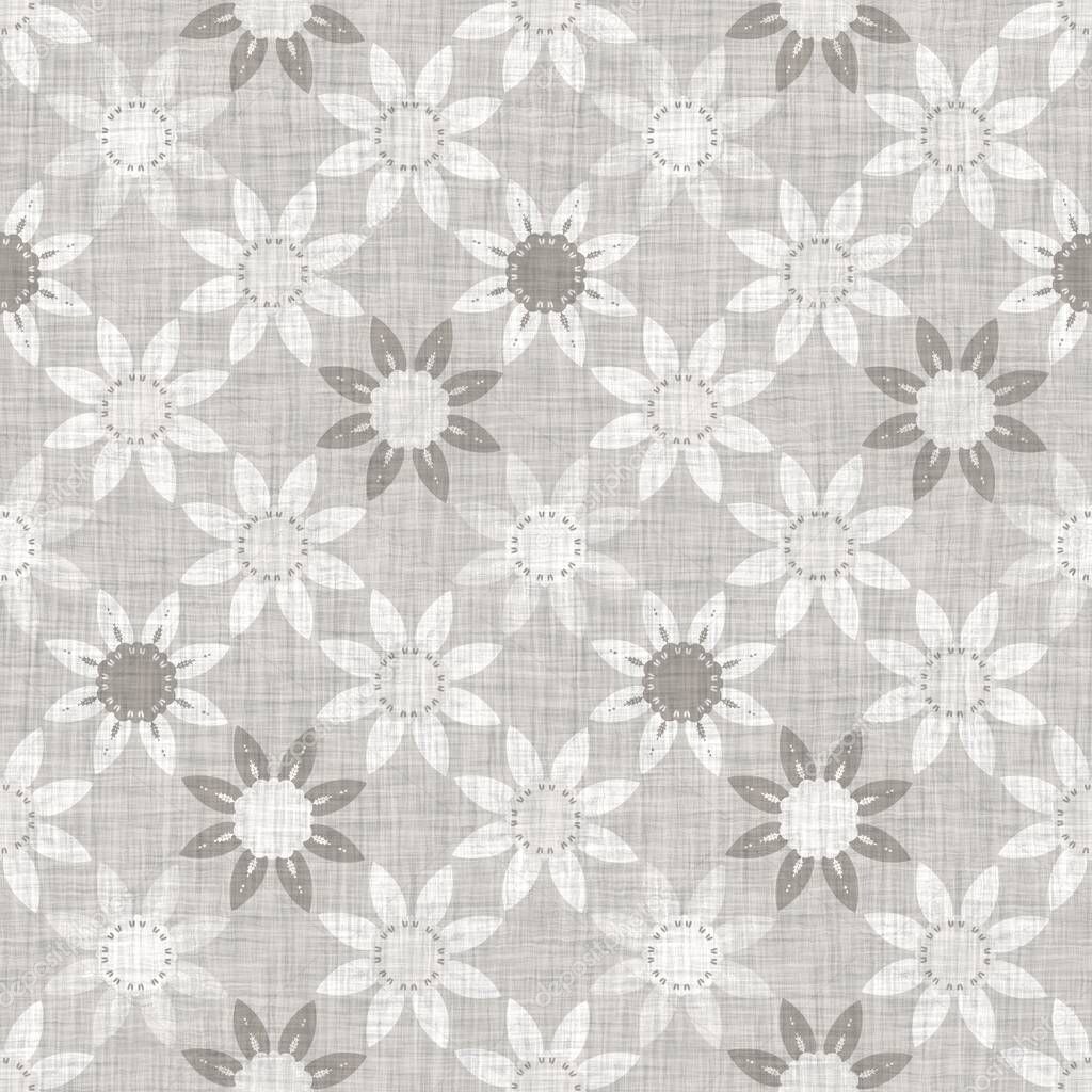 Natural gray french woven linen texture background. Old ecru flax bloom motif seamless pattern. Organic french farmhouse weave fabric for all over print. Greige flower block print textured canvas