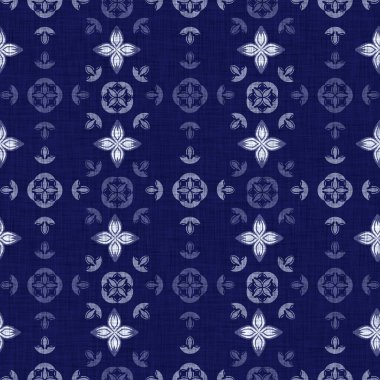 Kusursuz çivit mavisi dokusu. Donanma mavisi işlemeli pamuk boyalı efekt arka planı. Japonlar batik direncini tekrarlıyor. Kumaşın her yerinde Asya füzyonu var..