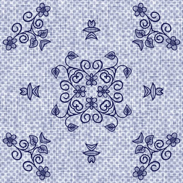 Indigo blue flower block print dyed linen texture background. Seamless woven japanese repeat batik pattern swatch. Floral organic distressed blur block print all over textile.