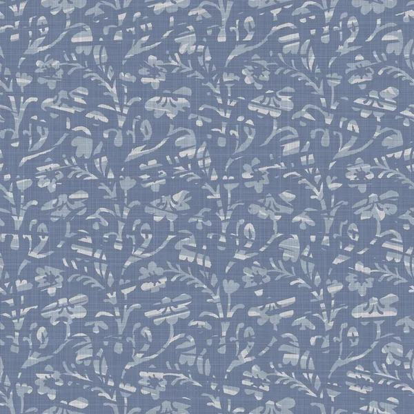 Seamless french farmhouse linen printed floral damask background. Provence blue gray linen pattern texture. Shabby chic style woven blur background. Textile rustic all over print