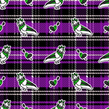 Ekose arka plan vektör desenli sevimli punk güvercini. Çizgi film hayvanlarıyla süslenmiş tuhaf bir ev dekoru. Her yerde kusursuz rockçı tavrı. 