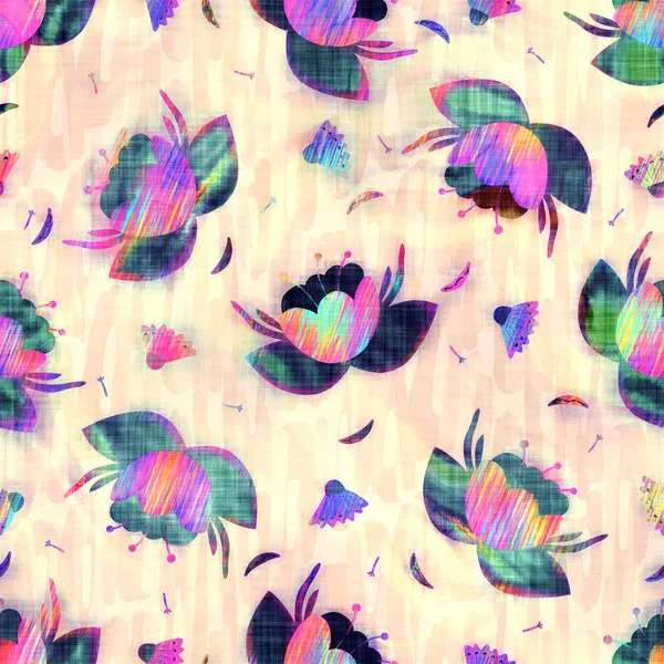 Blurry rainbow glitch artistic floral texture background. Irregular bleeding watercolor tie dye seamless pattern. Ombre distorted boho flower all over print. Variegated trendy dipping wet effect. — Stock Photo, Image