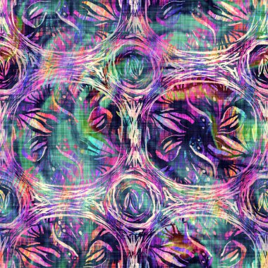 Bulanık gökkuşağı arızası sanatsal nokta dokusu arka planı. Düzensiz kanayan suluboya kravat, dikişsiz boya deseni. Ombre, boho çemberinin her yerini bozmuş. Değişik modaya uygun ıslak etki.