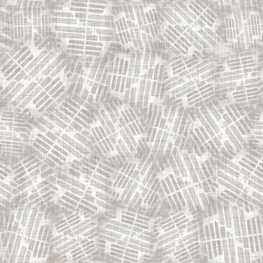 Fransız dokuması keten dokusu geometrik şekil arka planı. Eski ecru flax gri geo motif kusursuz desen. Kaba, gri, blok baskı bezi desenli tuval.