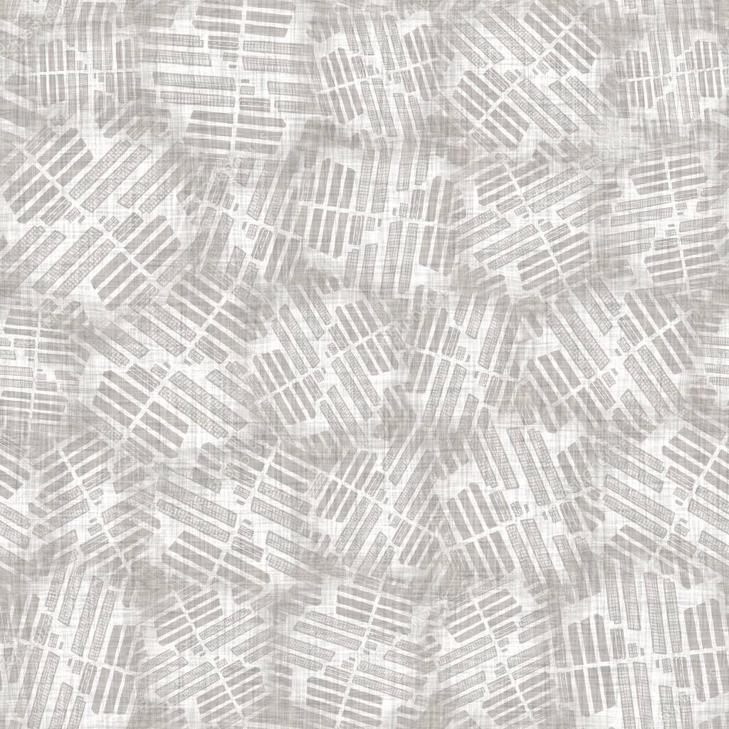 French woven linen texture geometric shape background. Old ecru flax grey geo motif seamless pattern. Rough greige block print cloth textured canvas