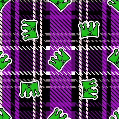 Ekose arka plan vektör desenli şirin punk taç. Çizgi film hayvanlarıyla süslenmiş tuhaf bir ev dekoru. Her yerde kusursuz rockçı tavrı. 