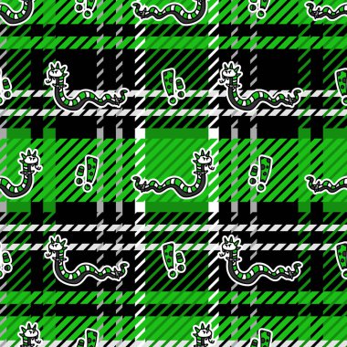 Ekose arka plan vektör desenli sevimli punk kobra yılanı. Çizgi film hayvanlarıyla süslenmiş tuhaf bir ev dekoru. Her yerde kusursuz rockçı tavrı.