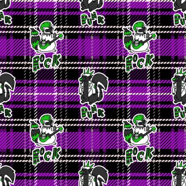 Ekose arka plan vektör desenli şirin kokarca ve rakun. Çizgi film hayvanlarıyla süslenmiş tuhaf bir ev dekoru. Her yerde kusursuz rockçı tavrı. 