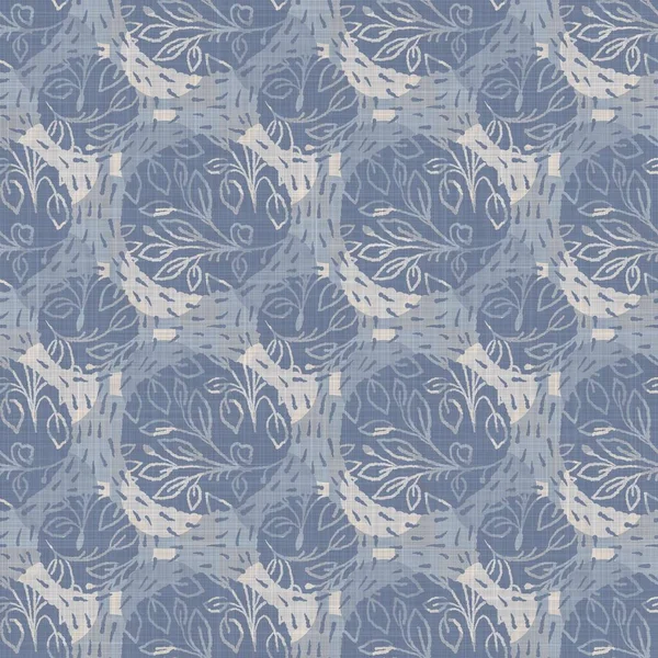Kusursuz Fransız çiftlik evi keten geometrik blok parmak izi. Provence mavi gri kırsal desen dokusu. Eski püskü stil, eski dokuma kumaş her tarafı bulanık..