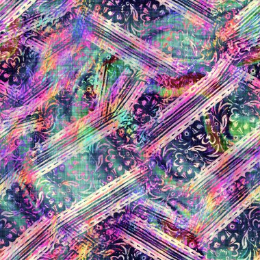 Bulanık gökkuşağı arızası sanatsal kolaj dokusu arka planı. Düzensiz kanayan suluboya kravat, dikişsiz boya deseni. Ombre boho batik 'i her yerde bozmuş. Değişik modaya uygun ıslak etki.