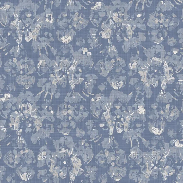 Seamless french farmhouse linen printed floral damask background. Provence blue gray linen pattern texture. Shabby chic style woven blur background. Textile rustic all over print