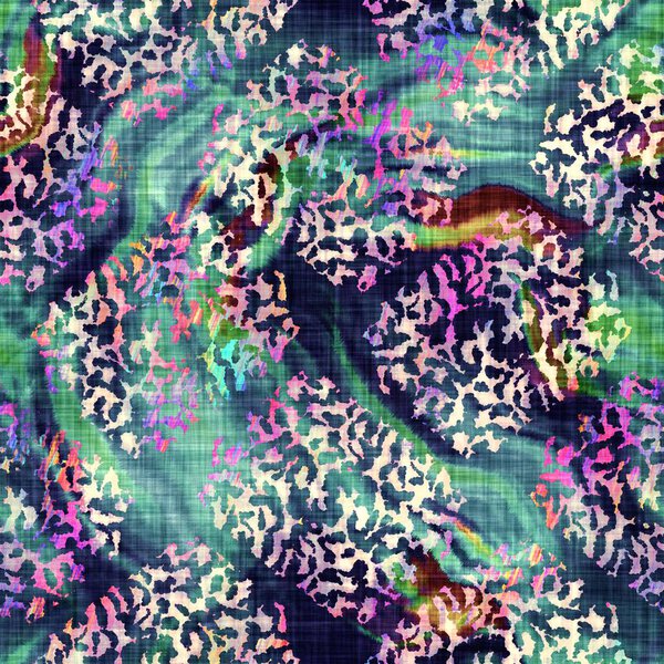 Blurry rainbow glitch artistic collage texture background. Irregular bleeding watercolor tie dye seamless pattern. Ombre distorted boho batik all over print. Variegated trendy dripping wet effect.