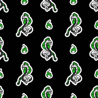 Şirin punk rock yılanı ve siyah arka plan vektör desenli ateş. Çizgi film hayvanlarıyla süslenmiş tuhaf bir ev dekoru. Her yerde kusursuz rockçı tavrı. 